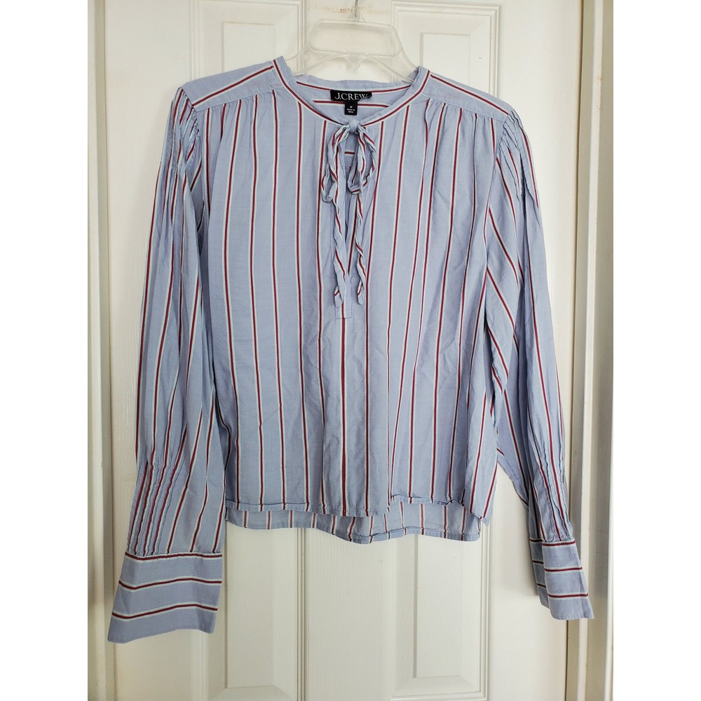 J.Crew Tie Neck Striped Blouse Blue Red Cotton Modal Long Sleeve Top Medium